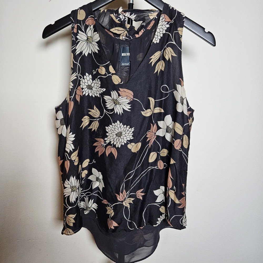 Maeve Anthropologie Black Floral Silk Tie Neck Sleeveless Blouse Whimsigoth Top